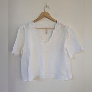 Joie Linen Cotton White Ruffled Peasant Linen Blend Crop Short Sleeve Blouse  M